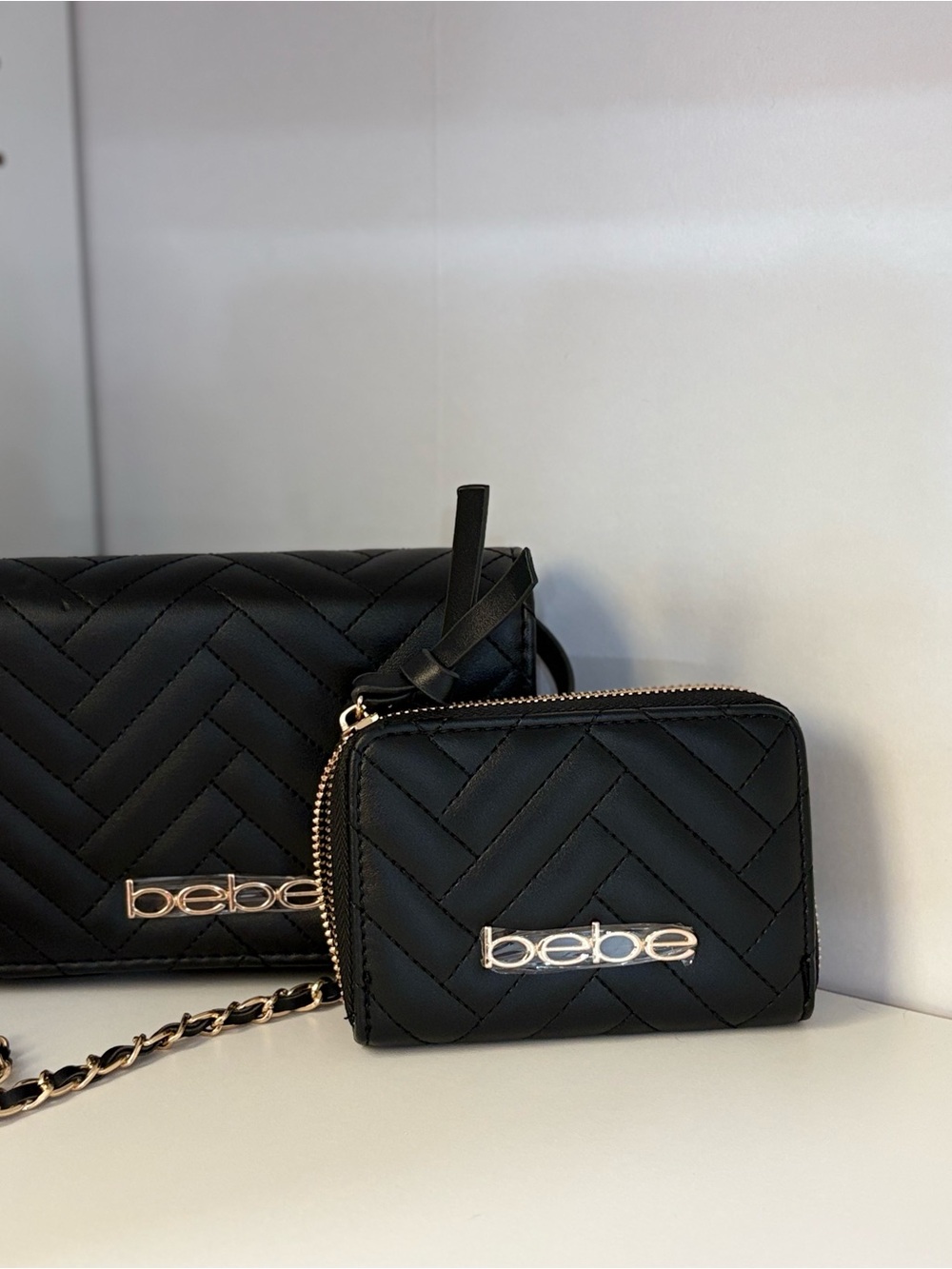 bebe Black Quilted bag and Wallet with Gold Logo and Zip